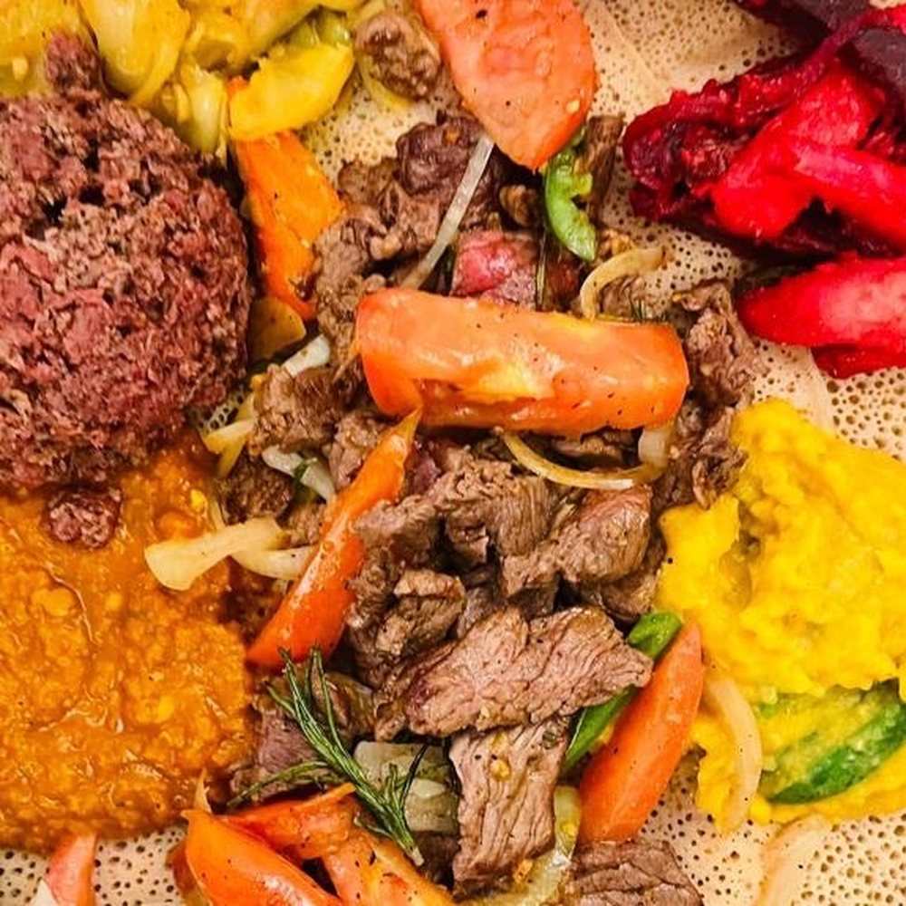 Admas - Kitfo, veggie combo and tibsi  YUM! - Ethiopian Near Me - Oakland, California