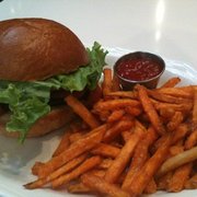 Photo of Royal/T - Culver City, CA, United States. Portobello Mushroom Burger and Sweet Potato Fries