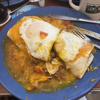 Sam's No 3 - Huevos Burrito w/Kickin ' Pork Green Chili - amazing! - Breakfast & Brunch Near Me - Denver, Colorado Sam's No 3 - Huevos Burrito w/Kickin ' Pork Green Chili - amazing! - Breakfast & Brunch Near Me - Denver, Colorado