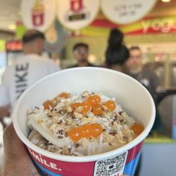 Menchie's - Very vanilla, blueberry Pomegranate tart, gourmet cafe gelato topped with coconut flakes, almonds and boba.