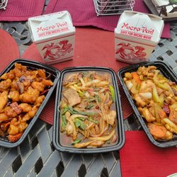 Lu House - Orange Chicken, Mongolian Pork, and Kung Pao Chicken, from left to right, with Fried Rice