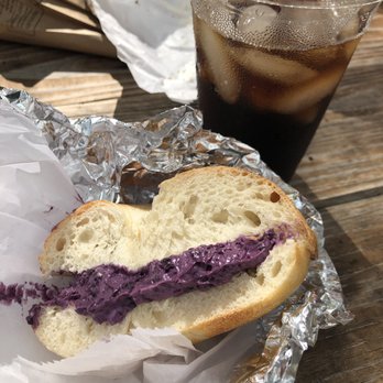 Talia's Grille - Plain bagel with Blueberry Cream Cheese and iced coffee - Mediterranean Near Me - Philadelphia, Pennsylvania
