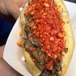 a person holding a hot dog