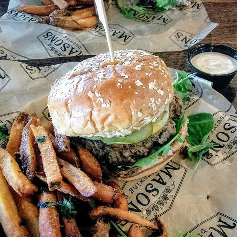 Mason’s Brewing - Double trouble! Sweeter Mess veggie burger(Impossible Burger) with gouda, pickled apples, arugula and dirty fries. Fantastic! - Breweries Near Me - Brewer, Maine Mason’s Brewing - Double trouble! Sweeter Mess veggie burger(Impossible Burger) with gouda, pickled apples, arugula and dirty fries. Fantastic! - Breweries Near Me - Brewer, Maine
