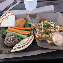 Kimchi quesadilla and hummus and tabbouleh