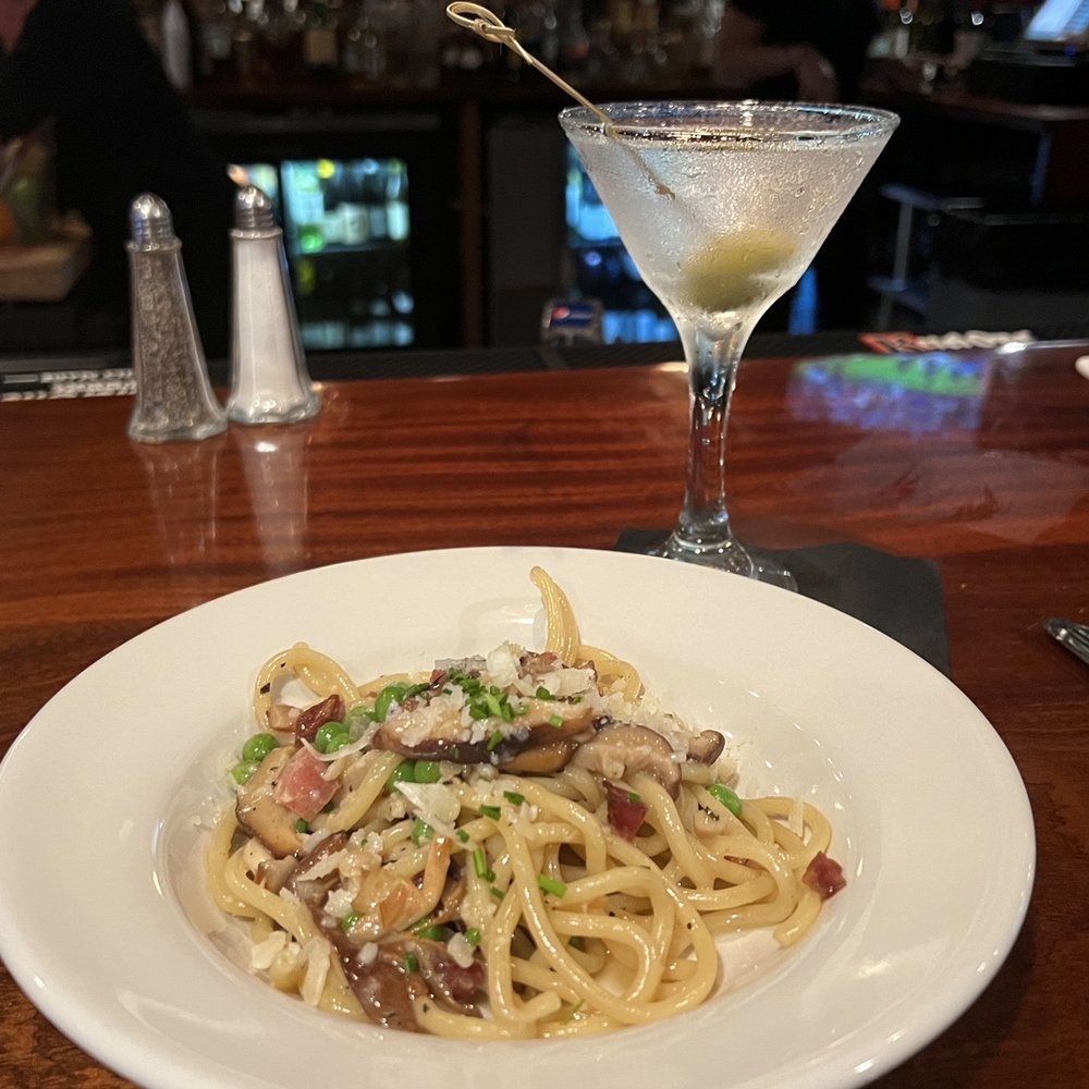 Viera on Main - Bucatini (small order) with Tanqueray Martini (up, one olive) - New American Near Me - Chatham, Massachusetts Viera on Main - Bucatini (small order) with Tanqueray Martini (up, one olive) - New American Near Me - Chatham, Massachusetts