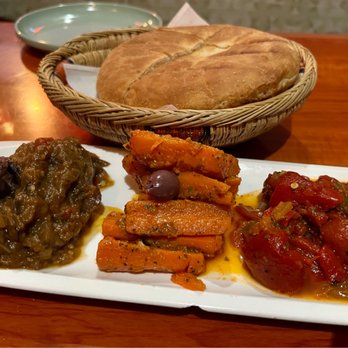 Aicha Moroccan Cuisine - Salad Trio: Zaalook, Carrots a la Charmoula, Taktouka - Moroccan Near Me - San Francisco, California