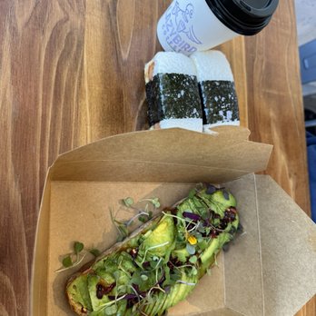 Lazybird Coffee - Avo toast, 2 spam musubi (our go to) and my honey lavender latte - Coffee & Tea Near Me - Alameda, California
