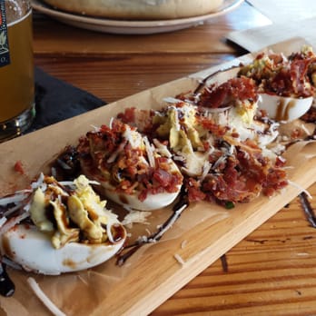 Taverna Rossa - Deviled Eggs with a twist. Smoky bacon, parmesean, and a balsamic drizzle... OMG! - Pizza Near Me - Plano, Texas Taverna Rossa - Deviled Eggs with a twist. Smoky bacon, parmesean, and a balsamic drizzle... OMG! - Pizza Near Me - Plano, Texas