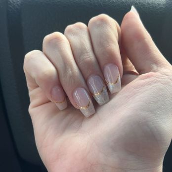Envy Nails And Spa - I got a coffin French tip with silver polish and a gold outline! - Nail Salons Near Me - San Diego, California Envy Nails And Spa - I got a coffin French tip with silver polish and a gold outline! - Nail Salons Near Me - San Diego, California