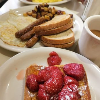 Chez Ben Diner - Stuffed French toast with strawberries, eggs, bacon, toast, home fries etc. - Diners Near Me - Manchester, Connecticut