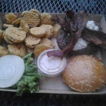 Twisted Root Burger - Kevin Bacon (bleu cheese and bacon) burger with pickle chips. - Burgers Near Me - Dallas, Texas