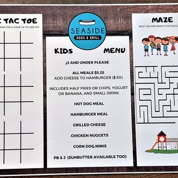 Seaside Dogs and Grill - This is the front page of their kids menu. Photo taken May 2, 2019. - Hot Dogs Near Me - Virginia Beach, Virginia Seaside Dogs and Grill - This is the front page of their kids menu. Photo taken May 2, 2019. - Hot Dogs Near Me - Virginia Beach, Virginia