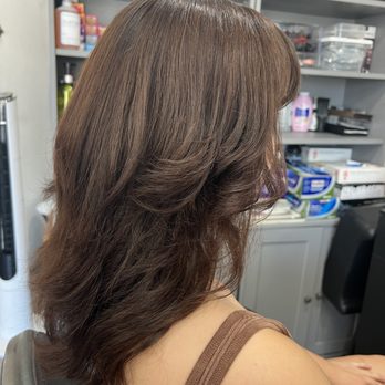 M.k salon  - Mocha hair dye with curtain bangs and layers - Hair Salons Near Me - Long Beach, California