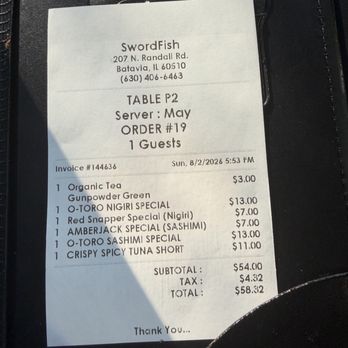 Swordfish - Receipt showing they often have great specials on the best cuts of fish - Sushi Bars Near Me - Batavia, Illinois
