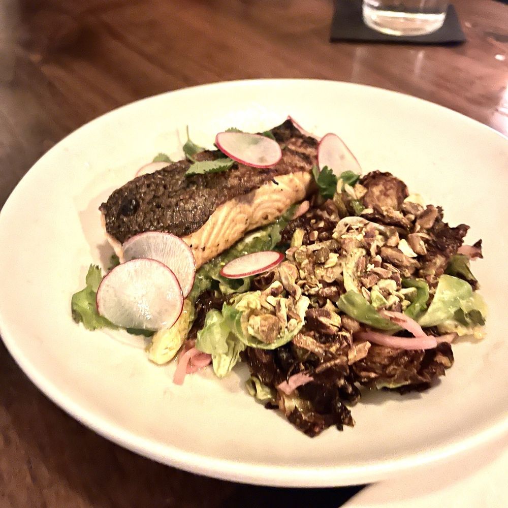 Tito & Pep - Chunky & Moist: (Grilled Salmon+Brussel Sprouts+ Chile Guero+Pistachio+Salsa Verde) - New American Near Me - Tucson, Arizona Tito & Pep - Chunky & Moist: (Grilled Salmon+Brussel Sprouts+ Chile Guero+Pistachio+Salsa Verde) - New American Near Me - Tucson, Arizona