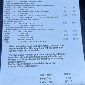 Discount Tire - A tire service receipt from Discount Tire in Mesa, AZ, listing tire purchases, fees, and total costs, including taxes and discounts. - Tires Near Me - Mesa, Arizona