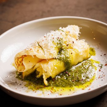 Trattoria Bugatti - Testaroli - Semolina pancakes, pecorino, basil pesto - Italian Near Me - Dallas, Texas Trattoria Bugatti - Testaroli - Semolina pancakes, pecorino, basil pesto - Italian Near Me - Dallas, Texas