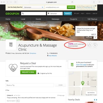 Alberta Acupuncture Massage Clinic - accidentally found this page from Groupon where we promoted our business year ago. 100% positive feed backs make us feeling proud. Thanks ! - Acupuncture Near Me - Edmonton, Alberta Alberta Acupuncture Massage Clinic - accidentally found this page from Groupon where we promoted our business year ago. 100% positive feed backs make us feeling proud. Thanks ! - Acupuncture Near Me - Edmonton, Alberta