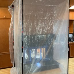 Plastic tent kept house dust-free. Plastic tent kept house dust-free.