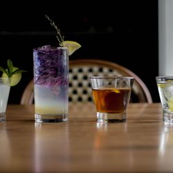 The Rail - Summer 2022 Cocktails! Left to Right: Lazy Mojito, T&T, Fire & Brimstone, Bergamot Negroni.