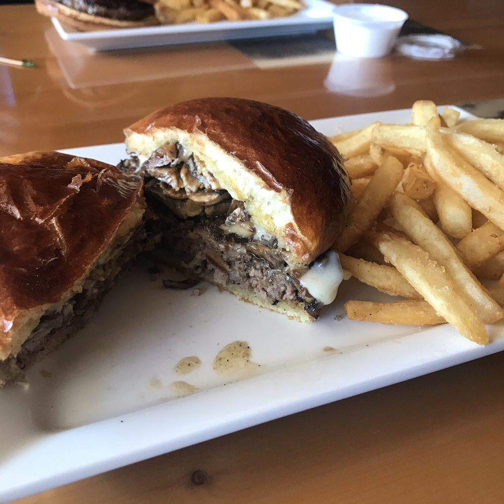 Bungalow Inn - Mushroom Swiss Burger and fries - Breakfast & Brunch Near Me - Manistee, Michigan Bungalow Inn - Mushroom Swiss Burger and fries - Breakfast & Brunch Near Me - Manistee, Michigan