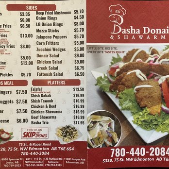 Basha Donair - Take out menu. Staff made sure to point out that as this location is so new...this menu is from another location. But price inconsistency? - Donairs Near Me - Sherwood Park, Alberta