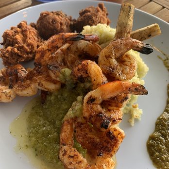 OSO at Bear Point Harbor - Orange Beach - Shrimp banderilla with charred pineapple salsa and a side of corn fritters (almost like hush puppies, homemade) - Seafood Near Me - Orange Beach, Alabama