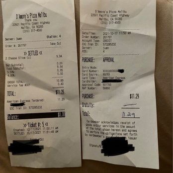 D'Amores Pizza - Receipt of actual transaction - Italian Near Me - Malibu, California D'Amores Pizza - Receipt of actual transaction - Italian Near Me - Malibu, California