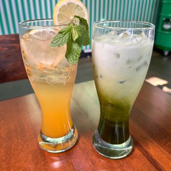 Monster Pho - Sunset Passion Fruit Tea (left) & Green Monster Iced Tea (right) - Vietnamese Near Me - Oakland, California