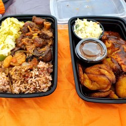 Hummingbird Island Cuisine - Oxtail and jerk salmon.