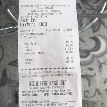 Dunkin' -  a receipt for a restaurant - Donuts Near Me - Hodgkins, Illinois