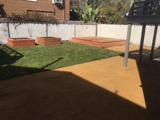 DG, artificial turf, planter boxes and deck - This makeover was lots of fun. After a big cleanup, we installed D&G, artificial, built planter boxes, and a small deck area to create a spacious and tidy feel to the backyard. DG, artificial turf, planter boxes and deck - This makeover was lots of fun. After a big cleanup, we installed D&G, artificial, built planter boxes, and a small deck area to create a spacious and tidy feel to the backyard.