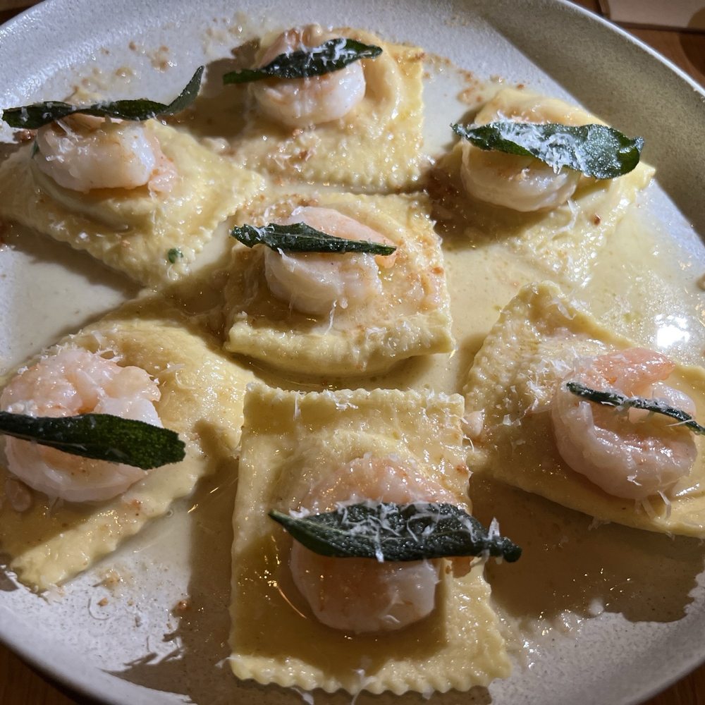 Butternut squash ravioli with prawn trio Butternut squash ravioli with prawn trio