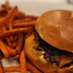 Southern Charm Burger and Sweet potato fries