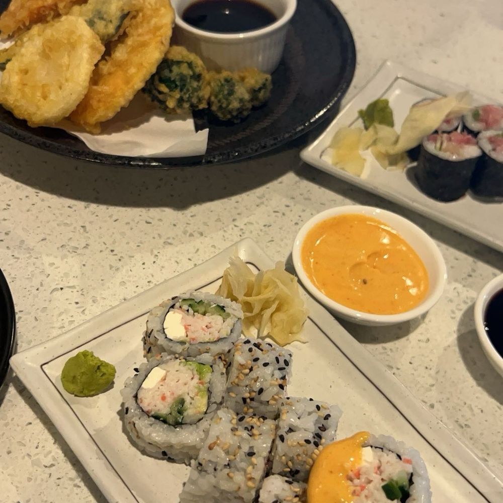 Cali roll with cream cheese, negihama roll, vegetable tempura, spicy mayo, unagi sauce