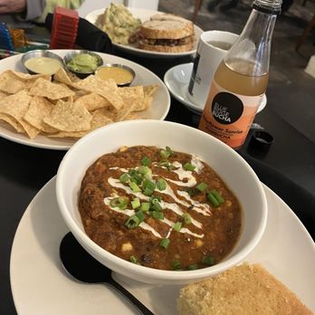 Botanical Fare - Crispy Chix sandwich with potato salad, Harvest Chili with gluten free cornbread and cashew cream, and kids Nacho Dippers. - Vegan Near Me - Charlottesville, Virginia