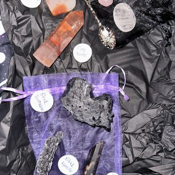 Buried Treasures Crystal - carnelian heart, fire quartz tower, rose quartz tumble, clear quartz worry stone, black tourmaline, black kyanite, & smoky quartz - Spiritual Shop Near Me - Peoria, Arizona