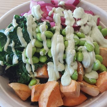 Honest Mary's - Vegan oil free bowl. Forbidden rice, sweet potatoes, roasted portobellos and carrots, kale, pickled onions, edamame, and cashew lime crema - New American Near Me - Austin, Texas Honest Mary's - Vegan oil free bowl. Forbidden rice, sweet potatoes, roasted portobellos and carrots, kale, pickled onions, edamame, and cashew lime crema - New American Near Me - Austin, Texas