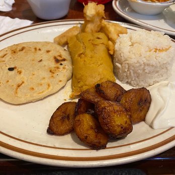 Las Placitas - Cheese and beef pupusa, plantains, yuca, chicken tamale, and white rice - Salvadoran Near Me - Washington, DC, District of Columbia