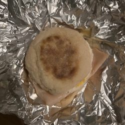 Turkey Ham, egg, cheese english muffin sandwich
