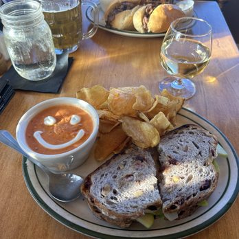 Teller's Taproom & Kitchen - The Melted Monk with tomato soup and kettle chips. - American Near Me - Lakewood, Colorado