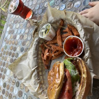Creekside Taphouse - Fried chicken sandwich, sweet potato fries, black widow cider - American Near Me - Asheville, North Carolina Creekside Taphouse - Fried chicken sandwich, sweet potato fries, black widow cider - American Near Me - Asheville, North Carolina