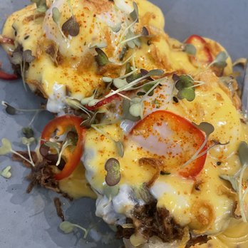 The Peached Tortilla - Short rib Eggs Benedict - Asian Fusion Near Me - Austin, Texas