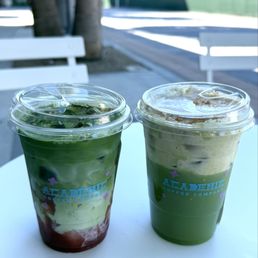 Strawberry matcha and banana matcha latte Strawberry matcha and banana matcha latte