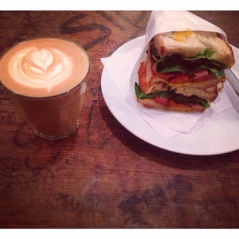 Takk - Latte and Ham sandwich. This bread had some sort of apricot on it. Taste lovely - Coffee & Tea Near Me - Manchester, XGM