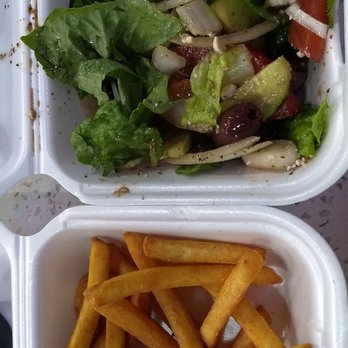 Kalos Grill - I asked for extra crispy.  She cooked them just right.  Salad really fresh too. - Mediterranean Near Me - Tempe, Arizona