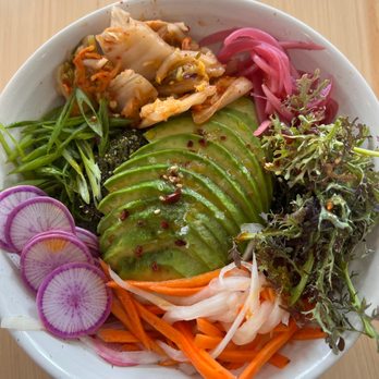 Beautiful Day - Bibimbap Bowl of seasoned rice, avocado, scallions, homemade kimchi, pickled vegetables, and chili crunch (vegan & gluten free) - Breakfast & Brunch Near Me - La Quinta, California