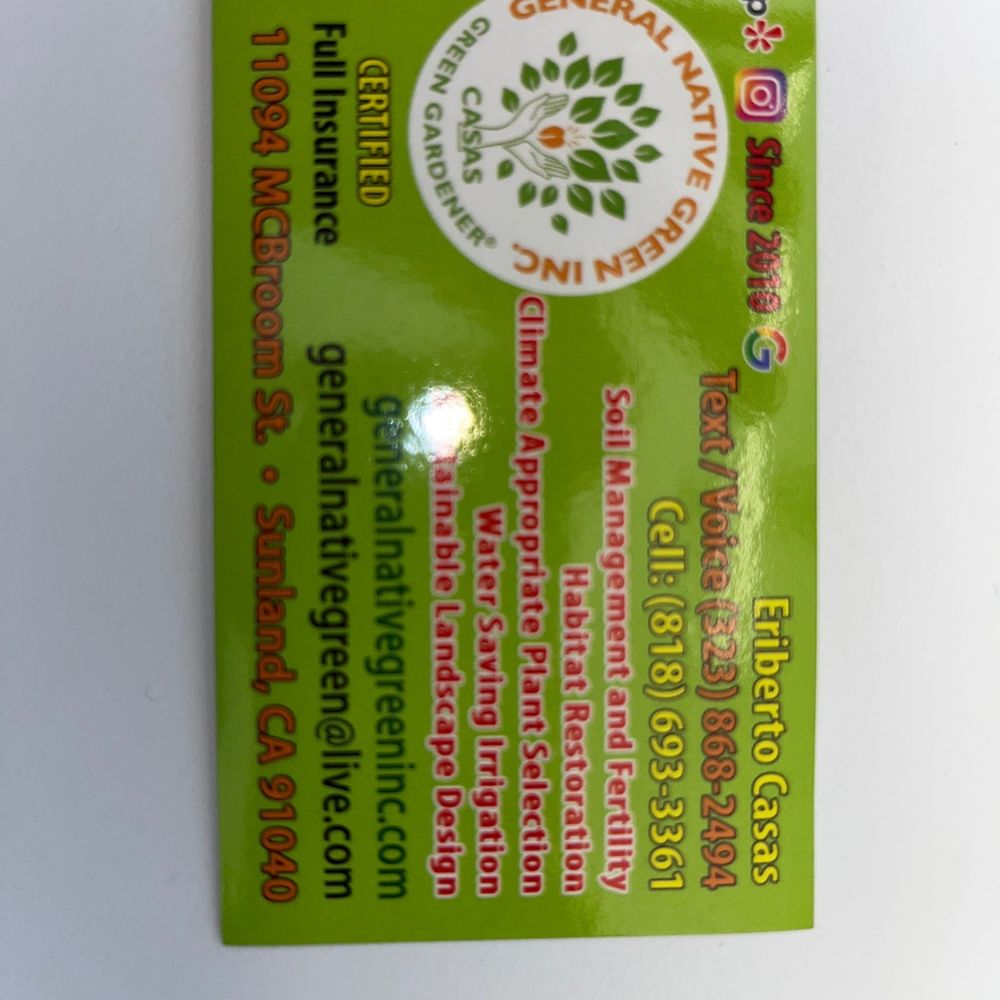 General Native Green - His business card - Landscaping Near Me - Sunland, California