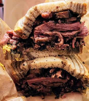 Photo of Dingfelder's Delicatessen - Seattle, WA, US. Hot Pastrami w/mustard on marble rye, always Ding sized ($24, 4/10/24)